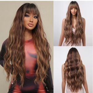 Human hair blend brown highlights with dark root wig